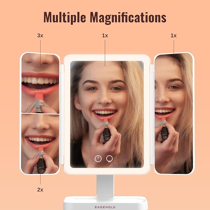 EASEHOLD Lighted Makeup Mirror, Rechargable Vanity Mirror with Magnification, 2X 3X, Trifold Makeup Mirror with Touch Control, 3 Color Dimmable LED Lights, Portable Make up Mirror, Gifts for Women
