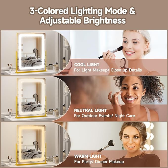 PRIMETEK Vanity Mirror with Lights, 19"x22" Large Makeup Mirror with Lights, LED Lighted Makeup Mirror, Touch Screen with 3-Color Lighting, Dimmable for Vanity Desk Tabletop, Bedroom, Gold