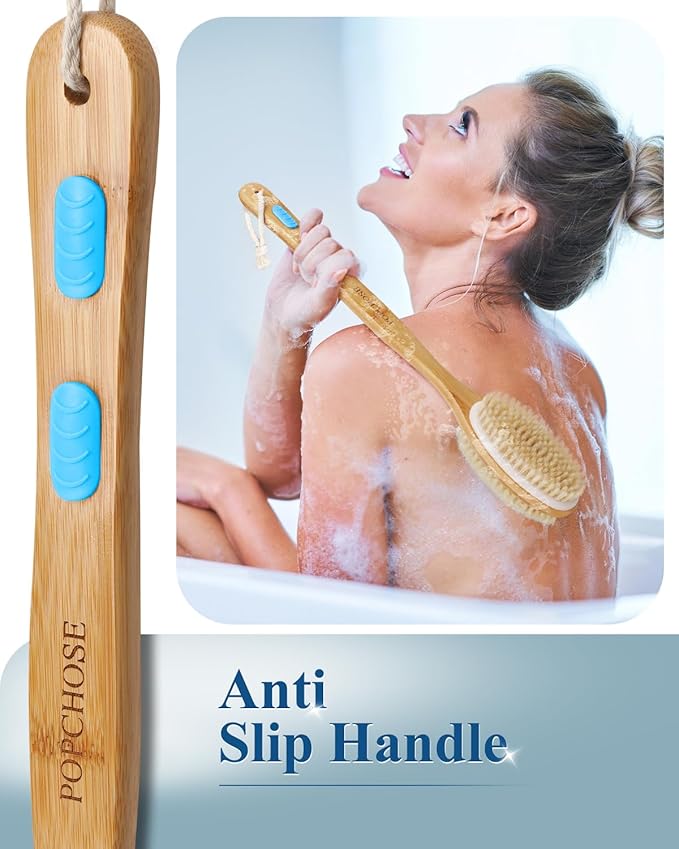 POPCHOSE Back Scrubber for Shower, Long Handle Soft and Stiff Bristles Shower Brush, Dry Brushing & Wet Exfoliation for Shower, Durable Bath Brush for Body, Back Washer for Shower for Women & Men