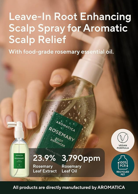 AROMATICA Root Enhancer Rosemary Water Spray for Hair Growth β Korean Hair Care Oil for Scalp Detox β Flaky & Itchy & Dry Scalp Treatment β Free from Sulfate, Silicone, and Paraben (3.38oz)