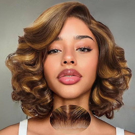 Ombre Lace Front Wig Human Hair Body Wave 9x6 Glueless Wigs Human Hair Pre Plucked Pre Cut 180% Density Wear and Go Highlight Wig Human Hair Bob 4/27 Brown Blonde Short Wigs For Women 10 Inch