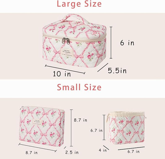 3pcs Large Cotton Quilted Makeup Bag Set,Coquette Aesthetic Cute Travel Toiletry Bag,Drawstring Gift Bag for Women and Girls(3Pcs Pink Bow)