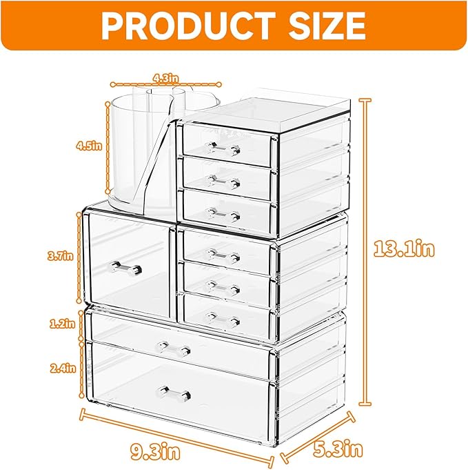 3 Pack Clear Makeup Organizer Countertop,9 Drawers Bathroom Vanity Organizer with Make up Brush Holder,Make up Organizers for Counter,Skincare Organizers for Dresser Top Beauty,Hair Product Organizer
