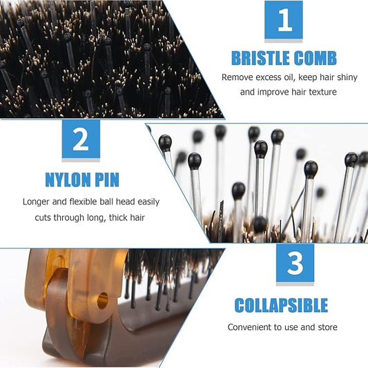 Travel Folding Hair Brush, Collapsable Portable Pocket Boar Bristle Hair Brush for Thin Thick Hair, Mini HairBrushfor Men Women Kids Thick Thin Curly Straight Wet Dry Hair Restore Shine