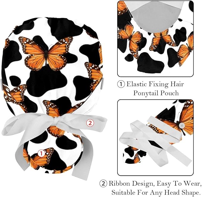 2 PCS Bouffant Cap with Button Ponytail Pouch Working Cap Sweatband Adjustable Surgical Cap Black and White Cow