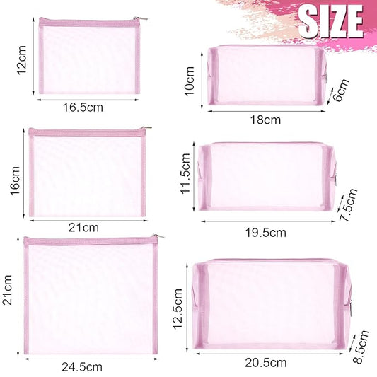 6 Pieces Mesh Makeup Bags Mesh Cosmetic Bag Portable Travel Organizing Zipper Pouch Toiletries Makeup Pouches for Home Office Travel Accessories (Light Pink)