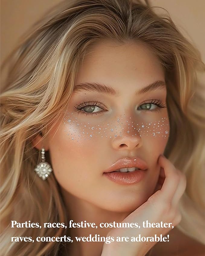 Glitter Freckles, Face Makeup Patches for Kids Women Girls, Silver Rave Glitter for Face, Singer Concerts Festival Holiday Rave Accessories - 8 Counts