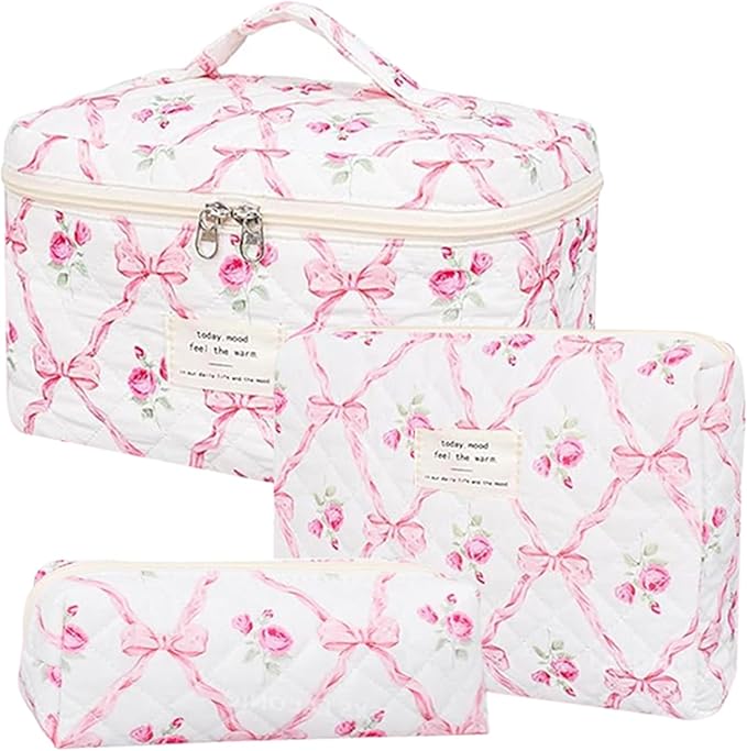 3 Pcs Quilted Makeup Bag Set,Coquette Bow Make up Bag,Cute Floral Makeup Bags Large Toiletry Cosmetic Bag Organizer for Women Girls (H-3PCS)
