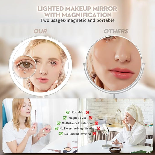10 Inch Lighted Makeup Mirror with 7X Magnification,3 Colors & 10 Brightness Levels, Magnifying Makeup Mirrors with 5000mAh Battery, Anti-Glare,Gift Box (White)