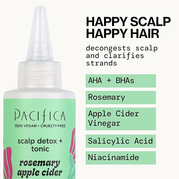 Pacifica Scalp Detox Set β Rosemary Apple Cider Vinegar Scalp Exfoliating Tonic with Scalp Massager Brush, Deep Cleansing & Clarifying Treatment for Buildup, Dry Flaky Scalp, Vegan