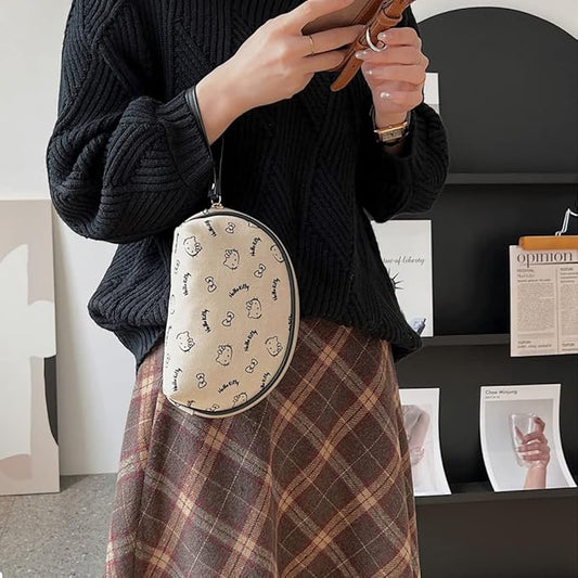 AmBealla Portable Storage Bag Cosmetic Bag for Women,Small Cute Compact Travel Makeup Bag for Keys and Phone, Beige Cotton Organizer with Wristband,Portable Mini Bag for Girls