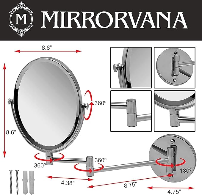 Wall Mounted Bathroom Makeup & Shaving Mirror, Double Sided 5X & 1X Magnification, 13-Inch Extension Swivel Arm, Oval 6.6" x 8.6" Glass Area, Chrome