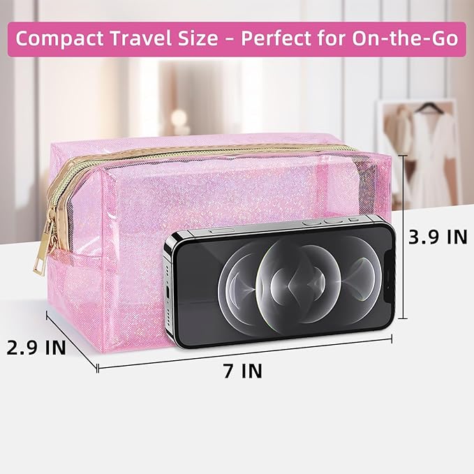 Clear Colorful Makeup Bag, Thick PVC Small Clear Toiletry Bag for Travel, Waterproof Cosmetic Bag with Durable Zipper & Detachable Strap, Cute Transparent Pouch Organizer for Women, 7.1×4×3 In Pink