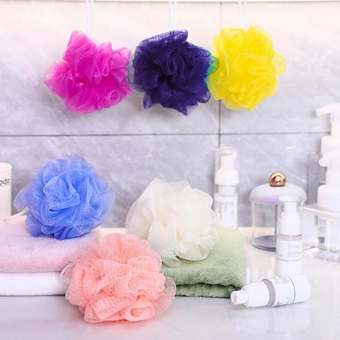 50 Pieces Bath Sponge Shower Loofahs Bulk Bath Luffas Exfoliating Body Scrubber Pack Colorful Mesh Balls Travel Cleaning Wash Puff Bathing Accessories for Kids Women Men Body Wash, 6 Colors