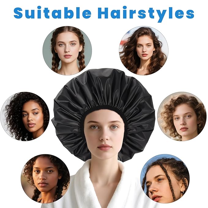 Extra Large Shower Cap, Double-Layer Waterproof Shower Caps,Hair Cap for Shower Bathing,Black Shower Cap for Men Women Thick Long Hair Braids Curly Hair