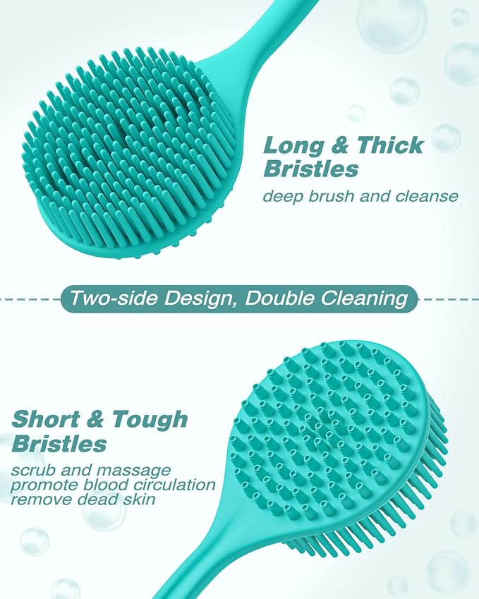 Manmihealth Silicone Back Scrubber for Shower(Thick Bristles), Body Scrubber with 15'' Long Handle, Light & Easy-to-Hold Shower Brush for Skin Exfoliating and Massaging, Not Good in Lathering. (Blue)