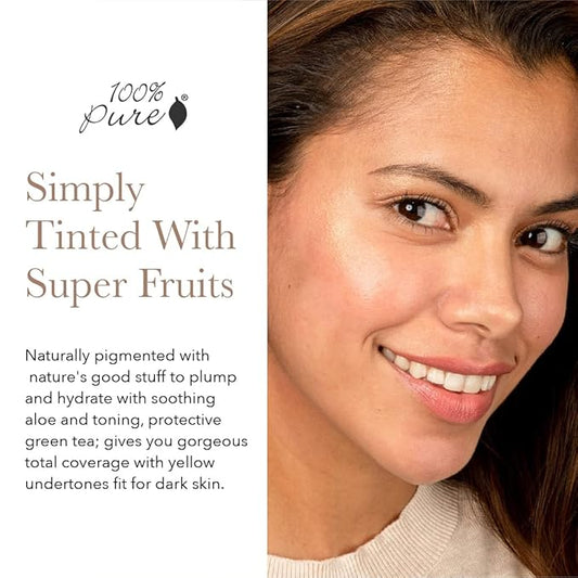 100% PURE Water Foundation Full Coverage Hydrating Makeup, Light Dewy Finish, Moisturizing Concealer for Normal to Dry Skin - Fruit Pigment Color Warm 7.0 w/Yellow Undertones for Dark Skin - 1 Fl Oz