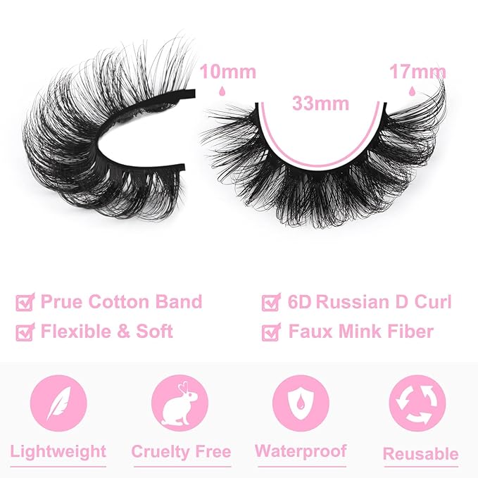 Mink Lashes Volume Russian Mink Lashes Extension 17mm Wispy False Eyelashes 6D D-Curl Russian Strip Lashes Pack by Kiromiro