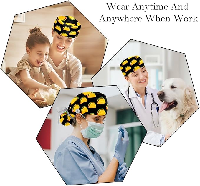 2 PCS Bouffant Cap with Button Ponytail Pouch Working Cap Sweatband Adjustable Surgical Cap Black and White Cow