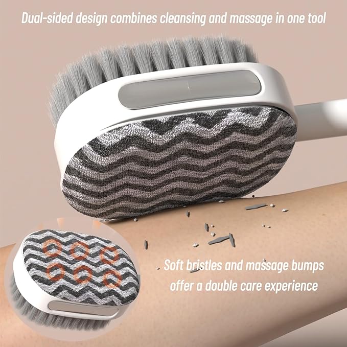 2-in-1 Detachable Shower Back Brush – Dual-Sided Body Scrubber with Soft Bristles & Massage Nodes, Exfoliating Dry Brush with Long Handle for Men & Women, Travel-Friendly