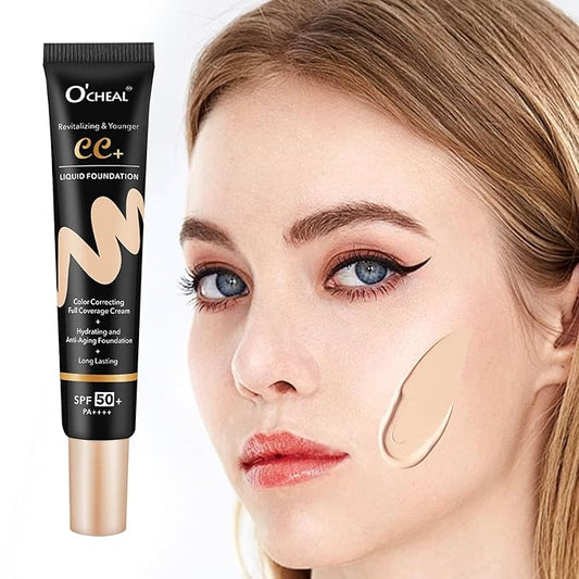 O'CHEAL CC Cream with SPF 50+, Hydrating Color Correcting Cream Full Coverage Lightweight Powder Foundation, Waterproof Long Lasting Pre-makeup Primer Facial Concealer Refine Skin Texture (Ivory)