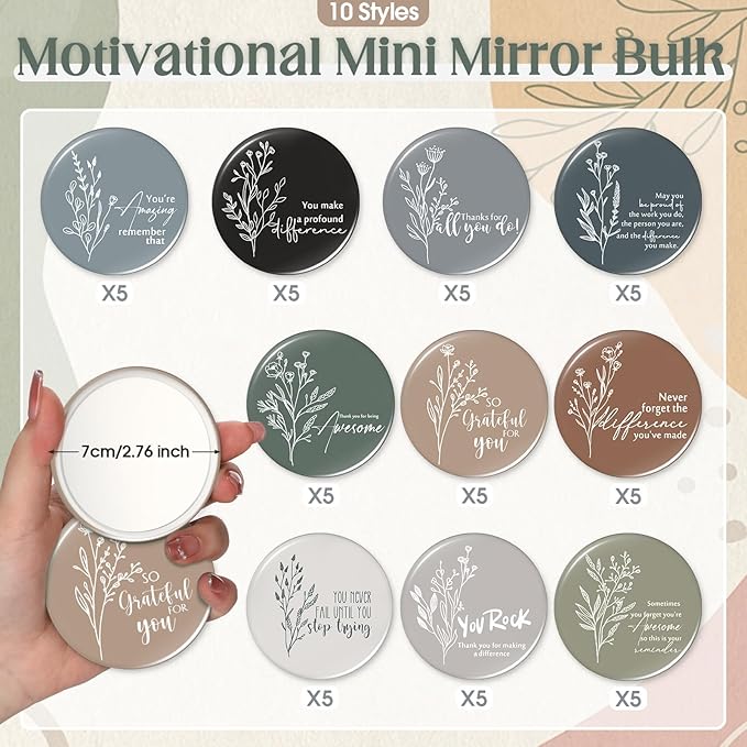 Kigley 50 Pcs Inspirational Compact Mirrors Bulk Mini Portable Pocket Mirrors for Women Motivational Employee Appreciation Gifts for Nurses Students Volunteers on Graduation Party, CNA Week