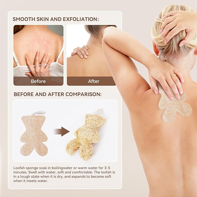 Bear Shaped Nature Loofah Sponge - Premium Body Wash Sponge - Exfoliating Body Scrubber for Shower - Bath Loofah Nature for Silky Smooth Skin - Loofah Pack for Holiday(Pack of 2)