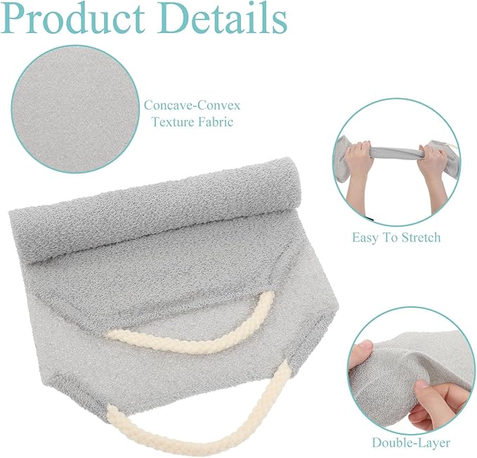Stretchable Back Scrubber with Handles, 2PCS Nylon Exfoliating Shower Body Scrub Towel Body Scrub Towel Extended Length Back Washers Scrubbers for Body Cleans Skin Massages(White + Gray Nylon)