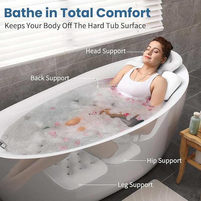 Full Body Bath Pillow for Bathtub, Thick Bathtub Cushion with Laundry Bag, Luxury Tub Pillow for Bath for Headrest Neck and Back Support White 56" x 16"