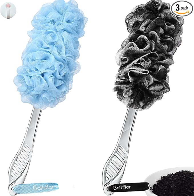 Loofah Sponge Exfoliating Body Scrubber,Loofahs with Handle: 2PCS Long Handle Loofa Back Scrubber, 1PCS Luffa Hook, Charcoal Loofah Pack for Women Men Bath Wash, Black and Blue