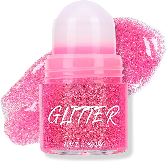 KYDA Roll-on Body Glitter Stick, Chunky Glitter Gel for Face Body Hair, Sparkling Mermaid Chameleon Sequins Paint Jelly, Multiuse Makeup Glitter Gel, Hot Pink