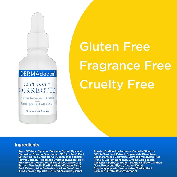 DERMAdoctor Calm Cool + Corrected Dermatologist Formulated Moisture Recovery Hyaluronic Acid Serum with Vitamin C & Niacinamide; Hydrating & Brightening Anti Aging Serum for Sensitive Skin - 1 fl oz
