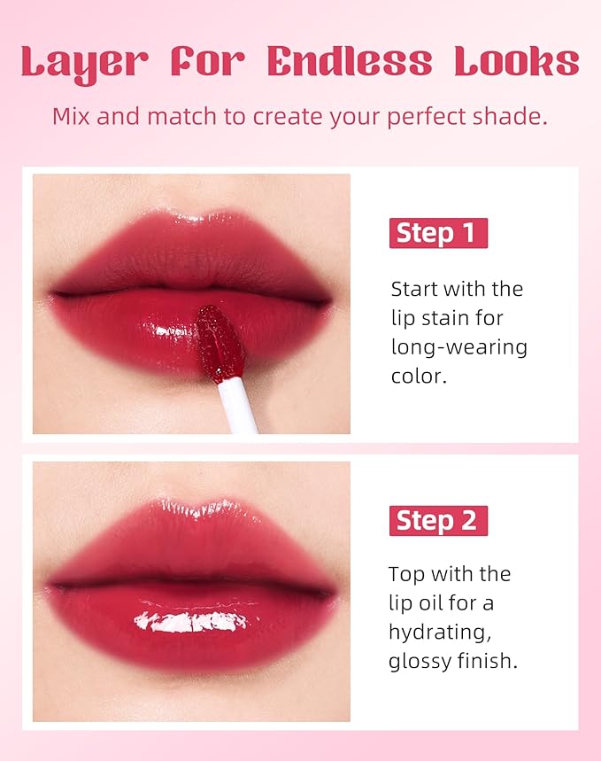 Tinted Lip Oil & Lip Stain Set, Korean Makeup, Smudge-Proof,Long-Wearing, 2-in-1 Cheek and Lip Tint with Moisturizing, High-Shine, Lightweight & Non-Sticky for Dry Lips, Cruelty-Free & Vegan