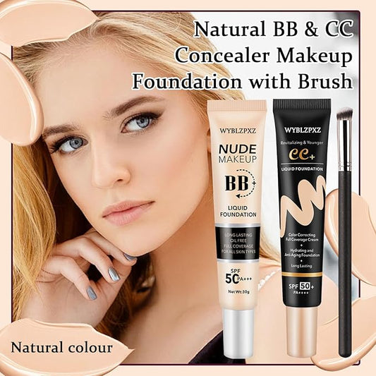 2PCS Full Coverage Liquid Foundation Makeup Brush Set,Moisturizing BB Cream,Oil Control Hydrating CC Cream Foundation Makeup,Waterproof Concealer Full Coverage Foundation for Women