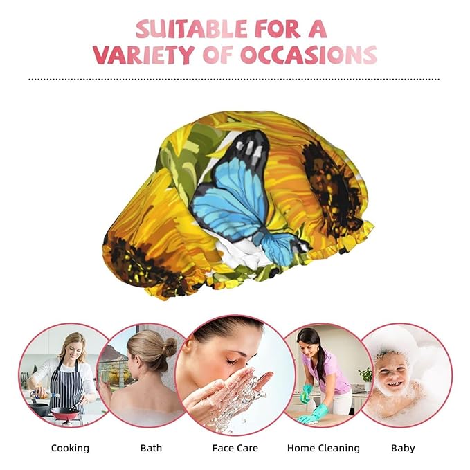Sunflowers Blue Butterflies Shower Cap for Women,Double Waterproof Layers Bathing Shower Hat Large Designed for all Hair