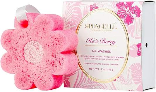 SpongellΓ© He'e Berry Hawaiian Buffer | Body Wash Infused Sponge with Awapuhi & Kukui Nut Oil | Exfoliates & Hydrates | 14+ Uses