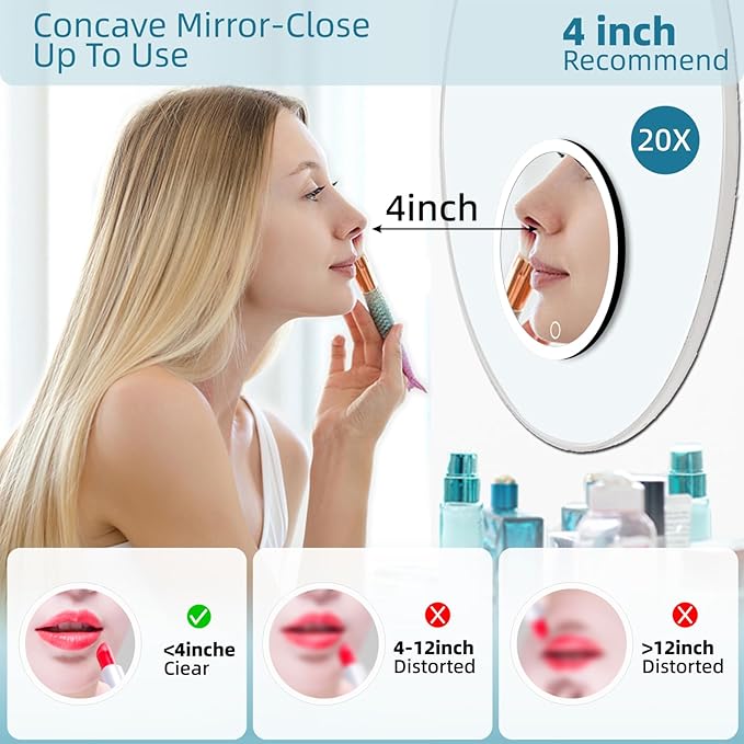20X Magnifying Mirror with Lights, 20X Magnified Mirror with 3 Color Lighting Adjustable Brightness, 6inch Travel Magnification with 3 Suction Cups - Includes Tweezers & Scissors