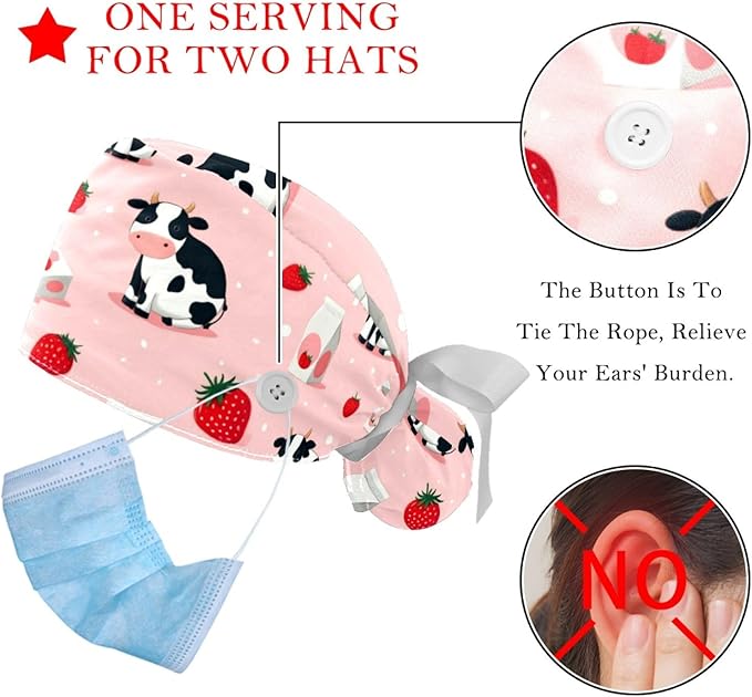 2 PCS Bouffant Cap with Button Ponytail Pouch Working Cap Sweatband Adjustable Surgical Cap Black and White Cow