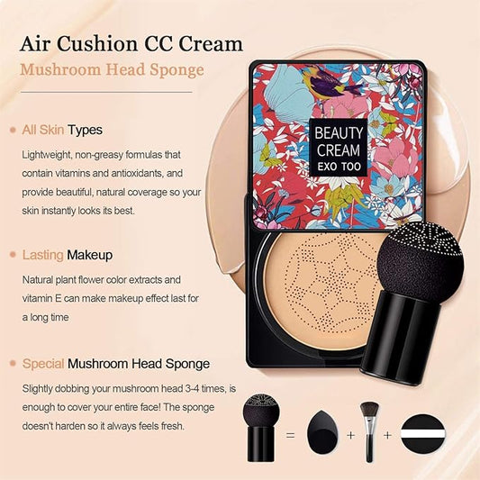 NUIBO 2 Pack Mushroom Head Air Cushion CC Cream Foundation, Moisturizing BB Cream, Long Lasting Matte Concealer with 2PCS Mushroom Head Sponges (Natural)β¦