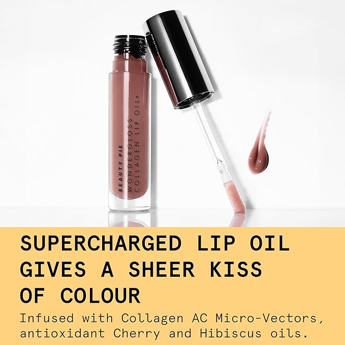 Beauty Pie Wondergloss Collagen Lip Oil + (Nude Nectar) β Hydrating, Plumping, Non-Sticky Gloss with Collagen AC Micro-Vectors & Cherry Oils