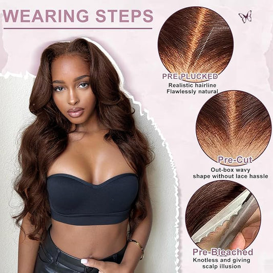 24inch Brown Glueless Wigs Human Hair Wear And Go Brown Wig Human Hair Pre Plucked Pre Cut 200% Density 7x5 HD Closure Chocolate Brown Lace Front Wig #4 Colored Body Wave Wig