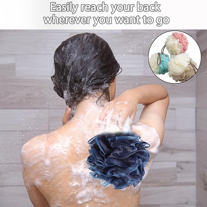 Loofah Sponge, Qewro Loofa Exfoliating Back Bath Sponge Shower Scrubber for Body, Luffa for Men Kids Women, Shower Puff Bath Pouf for use in Shower, Lufa or Loufas Flowers (5pack Blue and White)