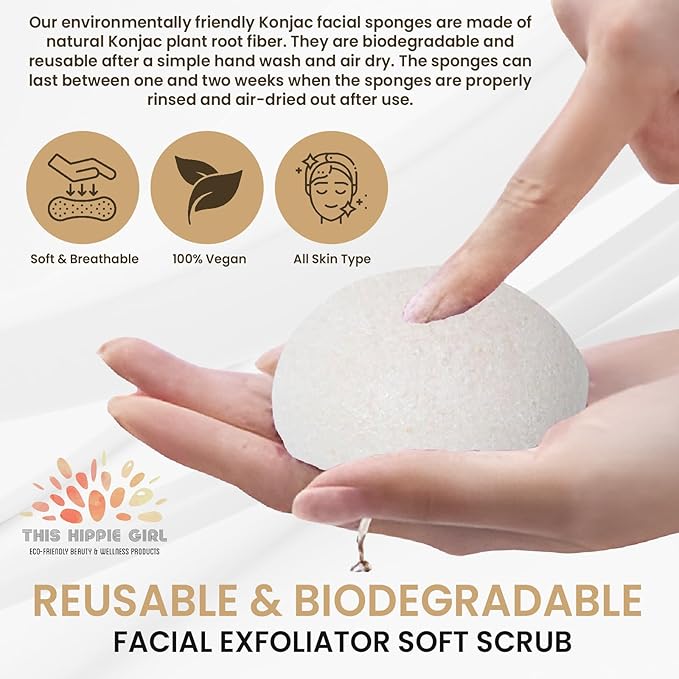 This Hippie Girl | Konjac Exfoliating Organic Facial Sponge | Plant Based Gentle Exfoliating Face Scrubbie | Safe for Sensitive Skin | Simply White (White)