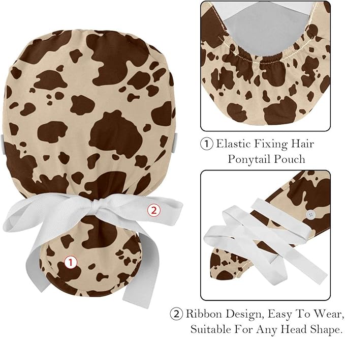 2 PCS Bouffant Cap with Button Ponytail Pouch Working Cap Sweatband Adjustable Surgical Cap Black and White Cow