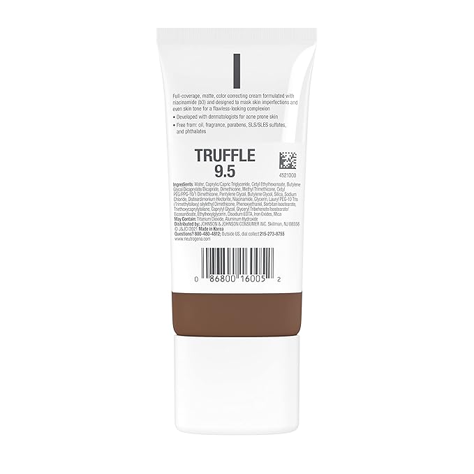 Neutrogena Clear Coverage Flawless Matte CC Cream, Full-Coverage Color Correcting Cream Face Makeup with Niacinamide (b3), Hypoallergenic, Oil Free & Fragrance Free, Truffle, 1 oz