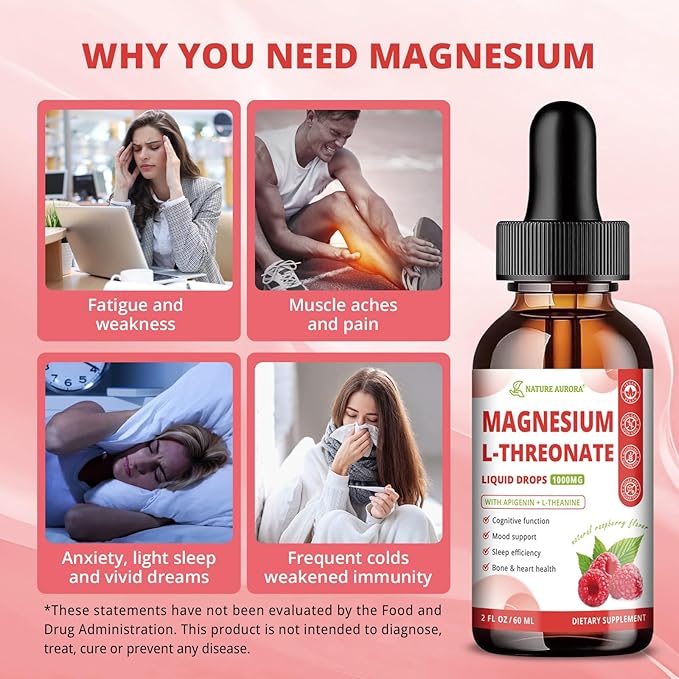 Magnesium L-Threonate Liquid Drops with Apigenin & L-Theanine, High Absorption Magnesium Threonate Supplement for Sleep, Brain Health and Cognitive Function, Raspberry Flavor, 60ML
