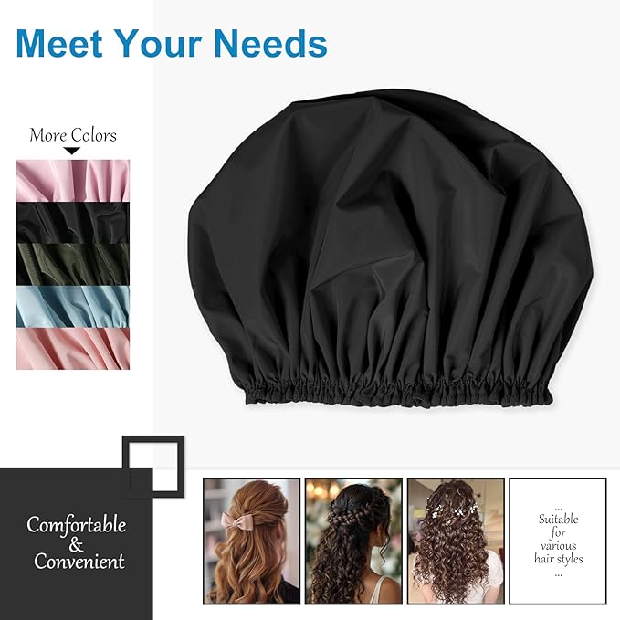 Shower Cap for Women Set of 4, 1 Double-Layer Waterproof Bath Cap + 3 Single-Layer Waterproof Shower Caps β Reusable Hair Protector, TPU Coated Elastic Bathing Cap for Women & Men - Black