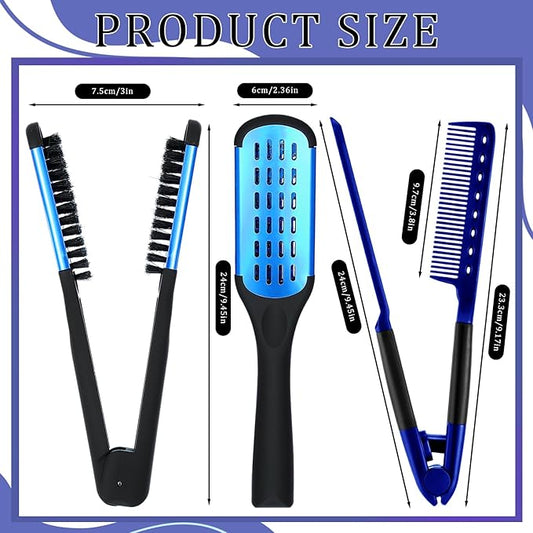 CHENGU 2 Pcs Straightening Comb For Hair, Boar Bristles Clamp Double Sided Brush Hair Straightening Brushes Comb Flat Iron Styling for Knotty Unkempt(Blue, Black)