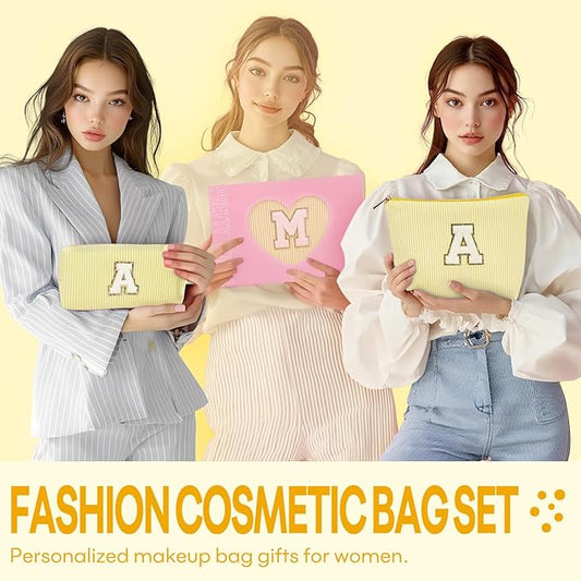 2 PCS Initial Makeup Bags for Women: Cosmetic Bag for Travel Toiletry - Birthday Gifts for 11 12 13 14 15 16 17 18 Years Old Girl Graduation Teacher Gift- Teen Girl Gifts Trendy Stuff - Yellow A