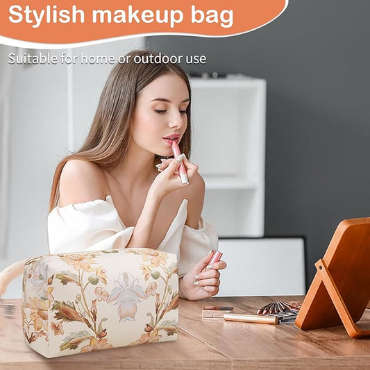 Makeup Bags for Women, Small Leather Cosmetic Bag for Purse, Floral Waterproof Make up Pouch Organizer, Zipper Portable Storage Travel Toiletry Bag Gifts(Apricot Flower)